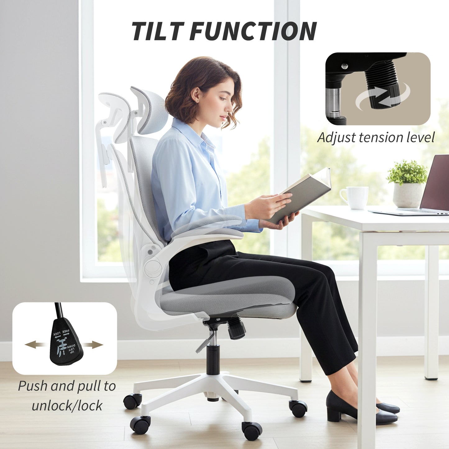 Ergonomic Office Chair, Computer Chair with Foldable Backrest, Grey