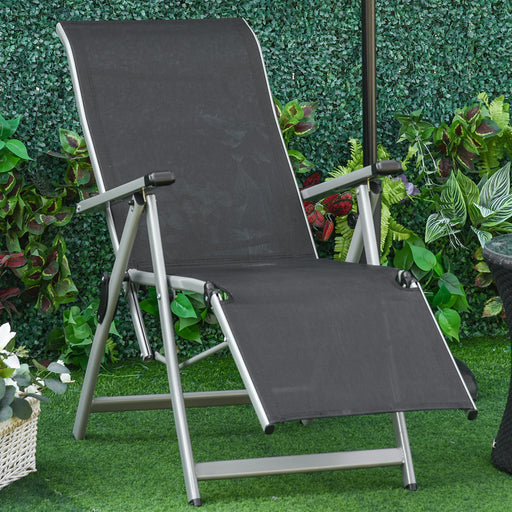 Outdoor Sun Lounger 10-Position Adjustable Folding Reclining Chairs with Footrest for Patio Garden Black and Grey