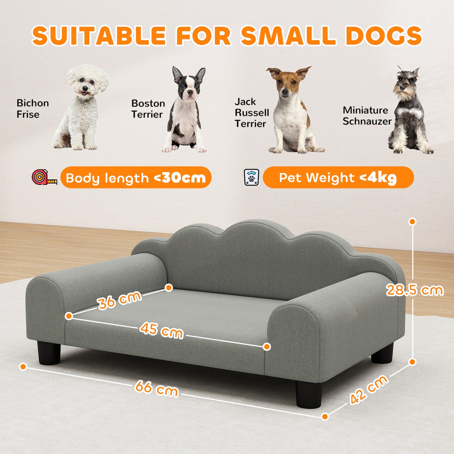 Dog Sofa Bed, Cat Sofa with Backrest, Armrest, for Small Dogs, Grey