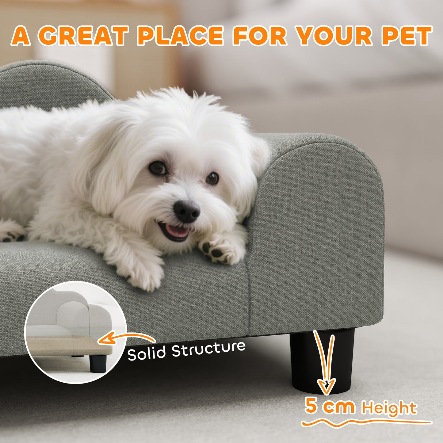 Dog Sofa Bed, Cat Sofa with Backrest, Armrest, for Small Dogs, Grey