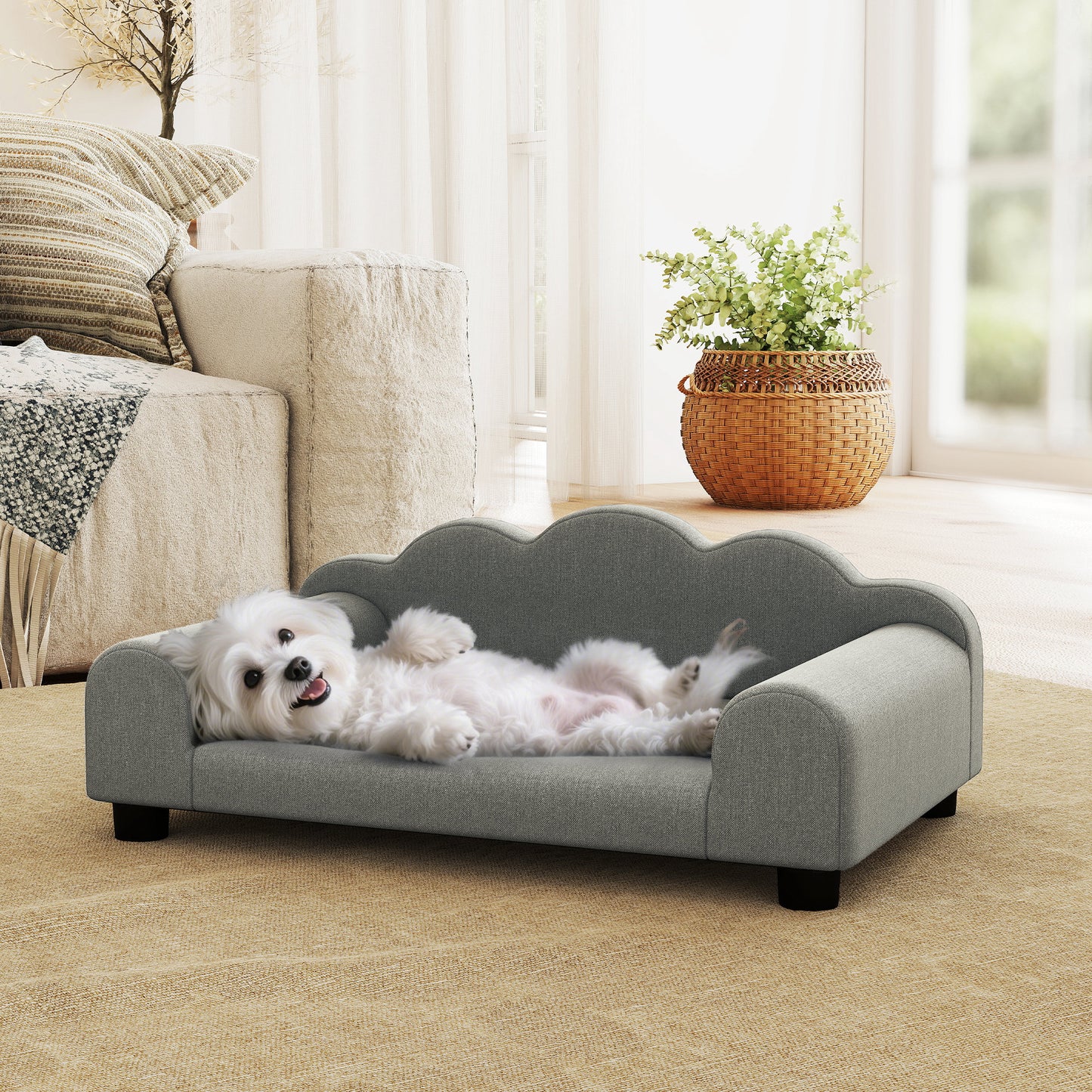 Dog Sofa Bed, Cat Sofa with Backrest, Armrest, for Small Dogs, Grey