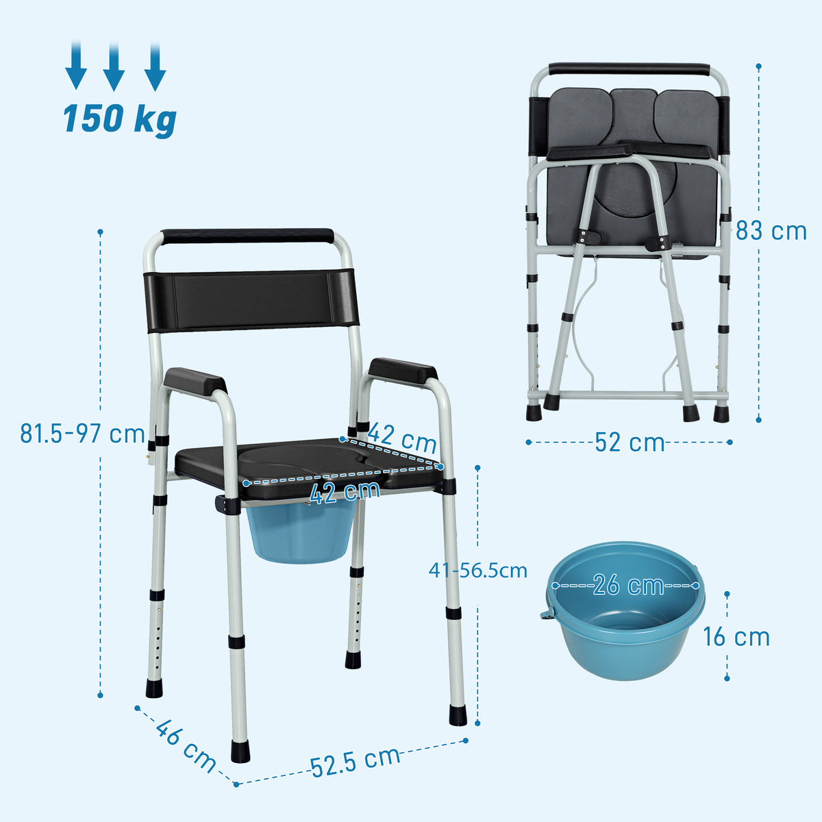 Commode Chair for Elderly w/ Arms and Back, Removable Bucket, Black