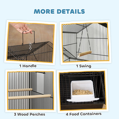 Metal Bird Cage w/ Perch, Food Container, Handle, for Finch, Canary