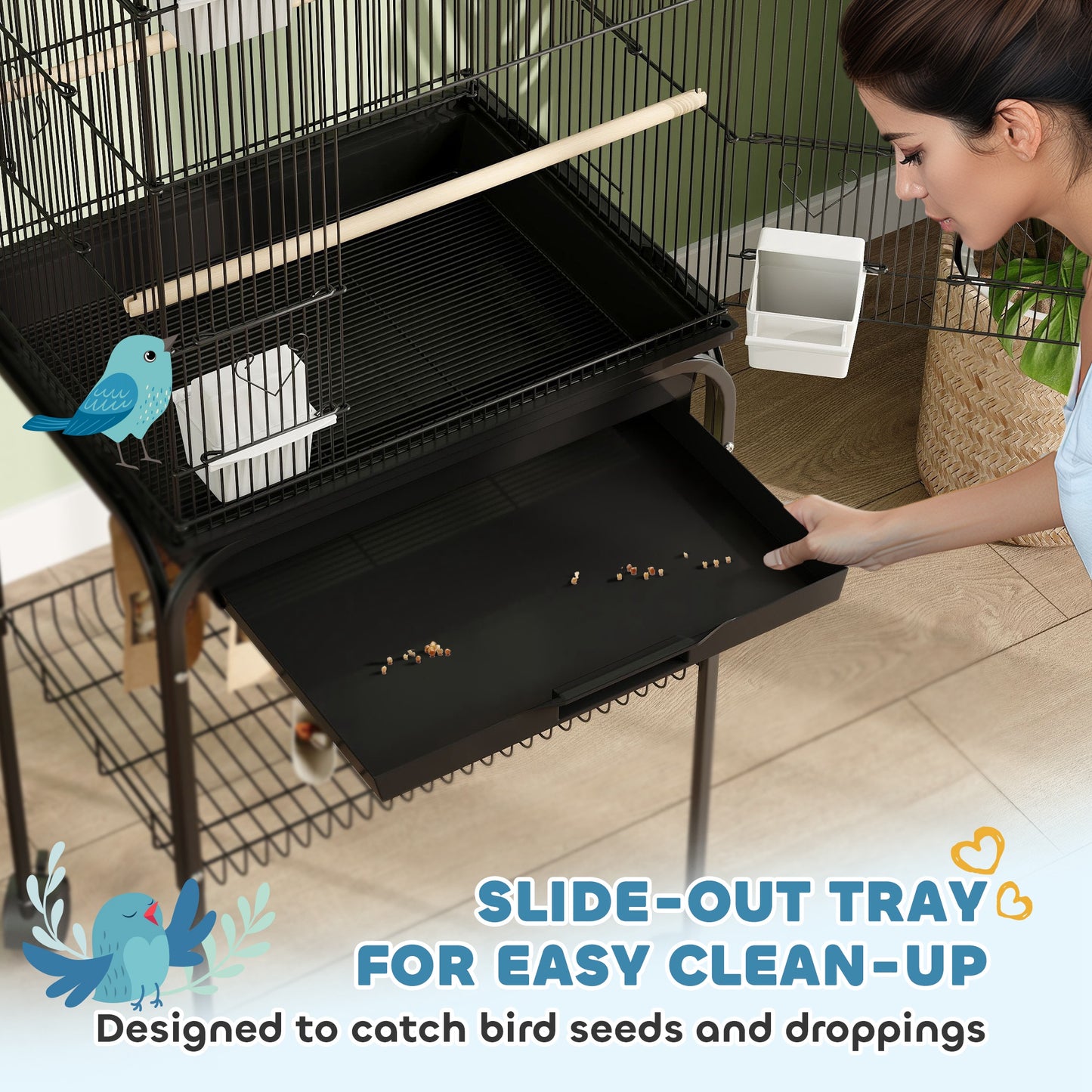 Metal Bird Cage w/ Perch, Food Container, Handle, for Finch, Canary