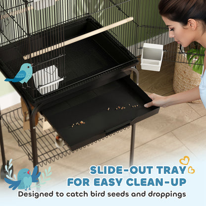 Metal Bird Cage w/ Perch, Food Container, Handle, for Finch, Canary