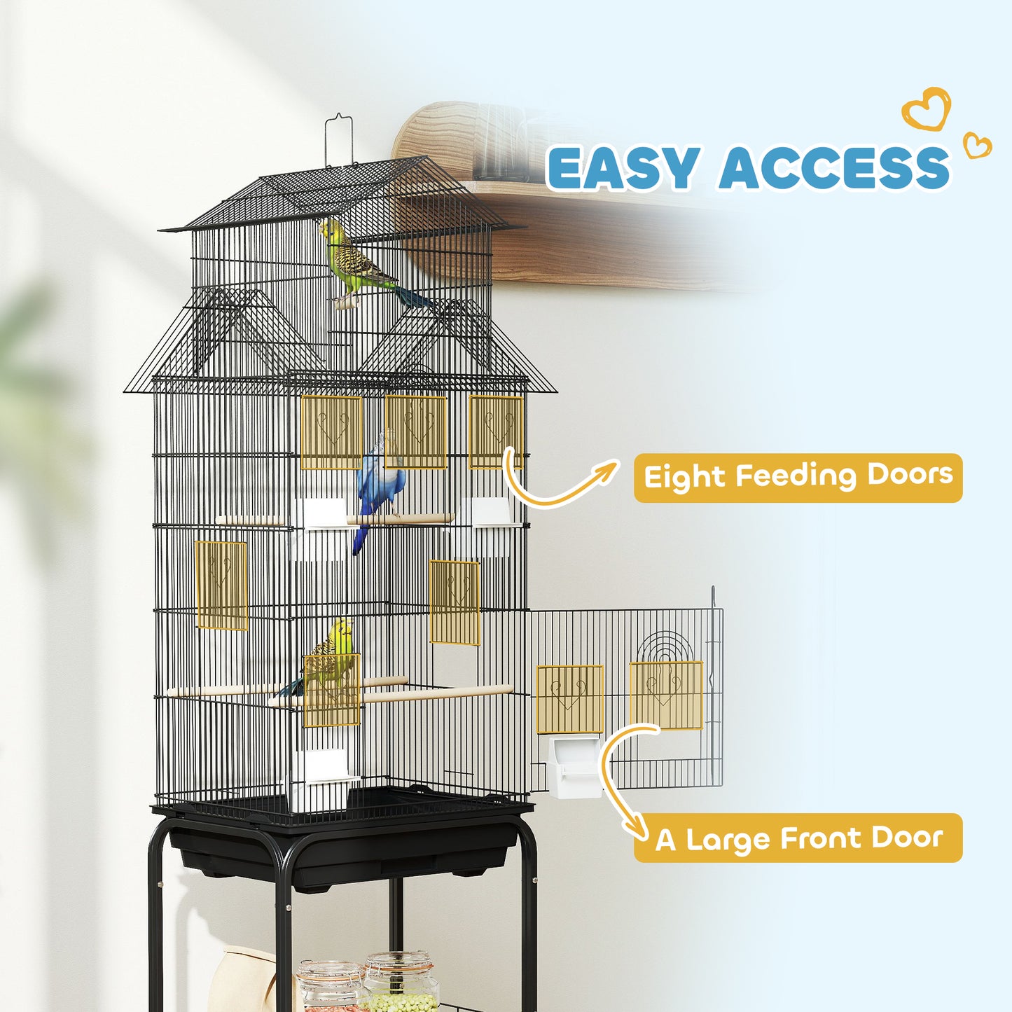 Metal Bird Cage w/ Perch, Food Container, Handle, for Finch, Canary