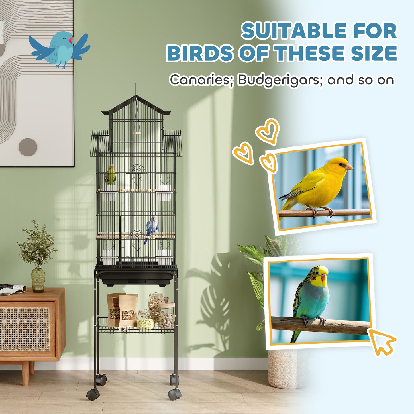 Metal Bird Cage w/ Perch, Food Container, Handle, for Finch, Canary
