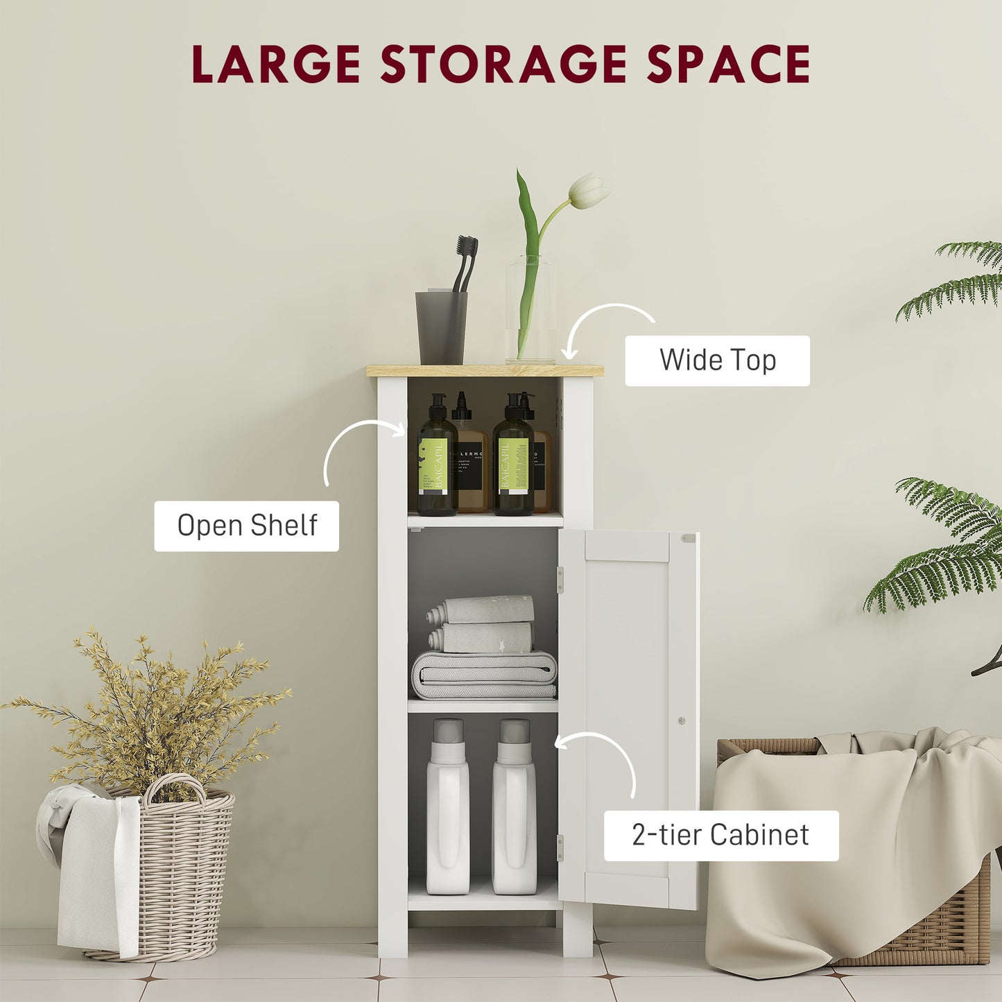 Narrow Bathroom Storage Cabinet with Open Shelf, White