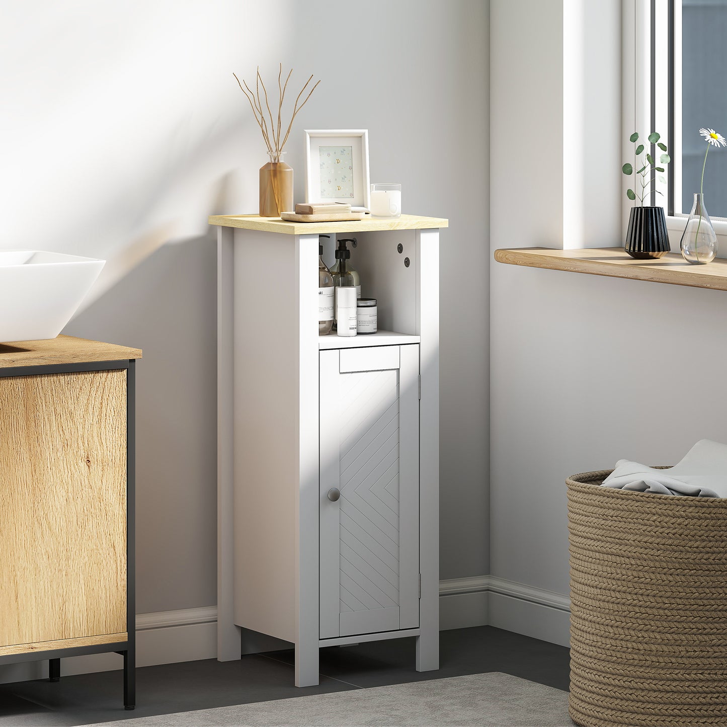 Narrow Bathroom Storage Cabinet with Open Shelf, White