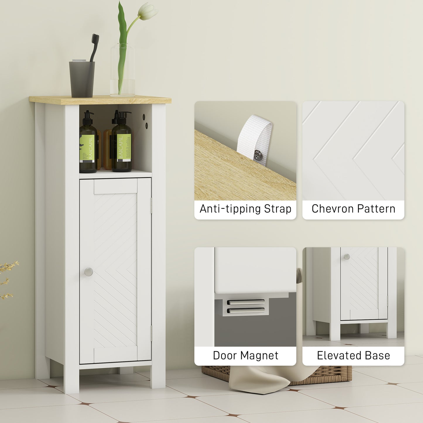 Narrow Bathroom Storage Cabinet with Open Shelf, White