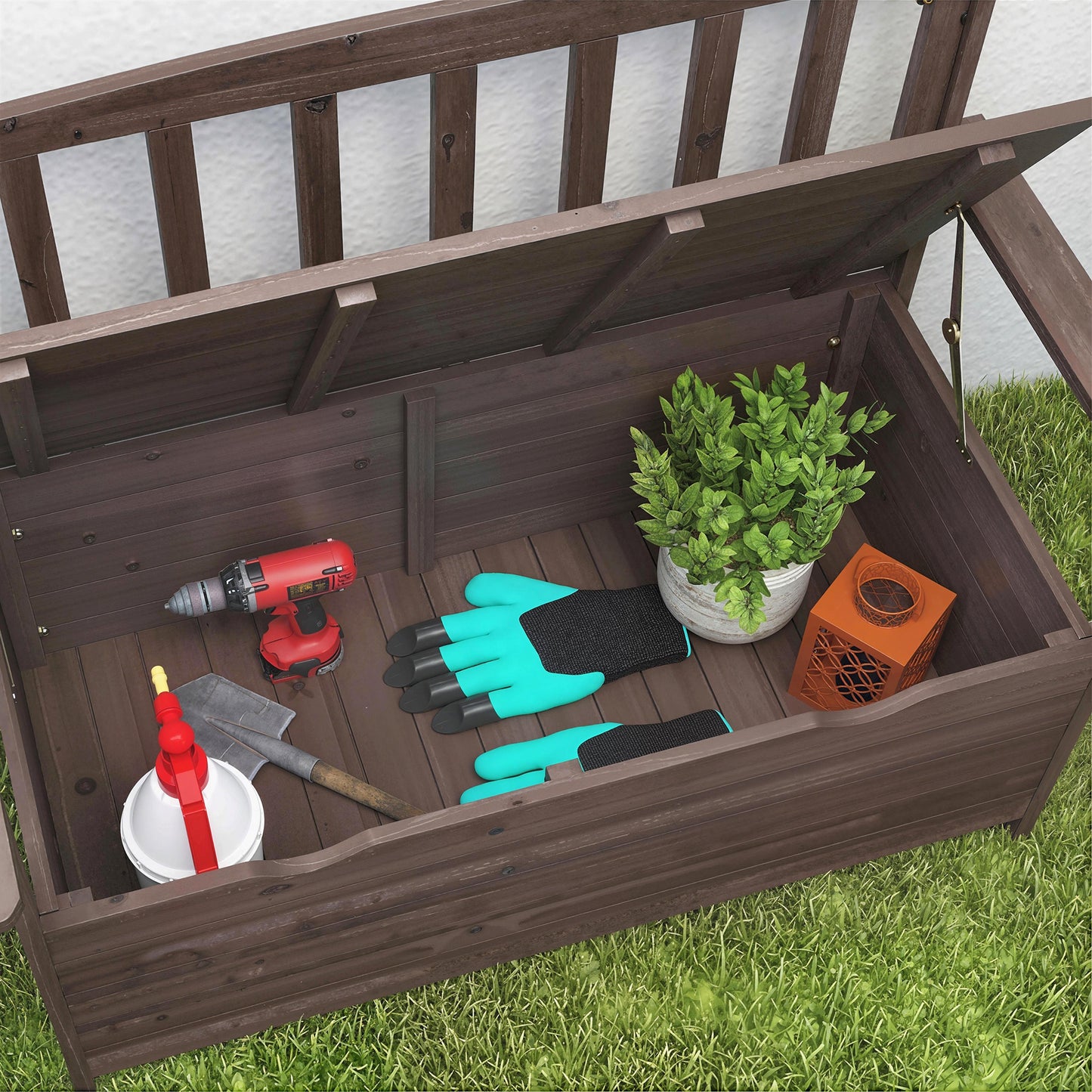 Outdoor 2 Seater Garden Bench, Garden Storage Bench with Backrest