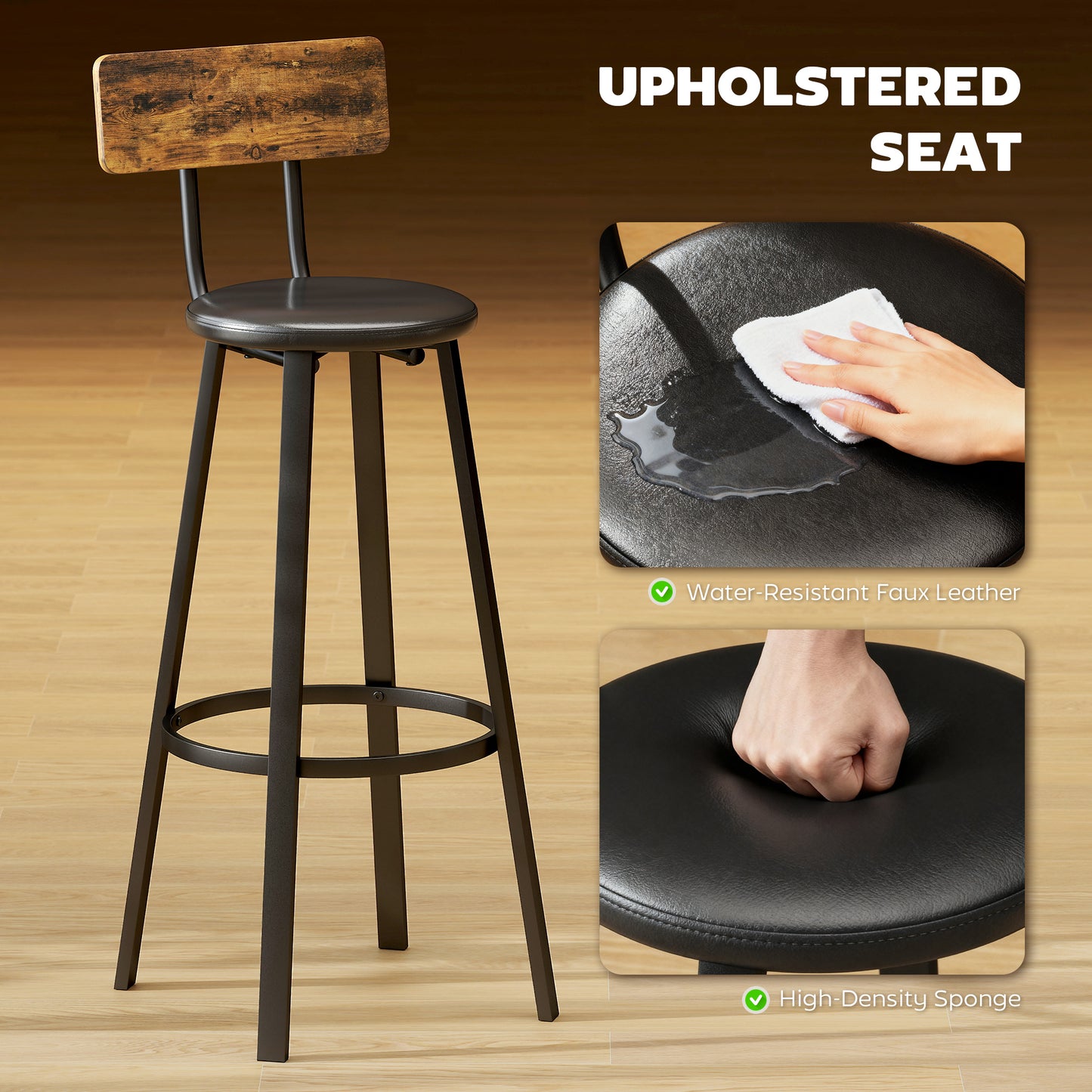 Barstools Set of 2 with Padded Seat Backrest Rustic Brown Black