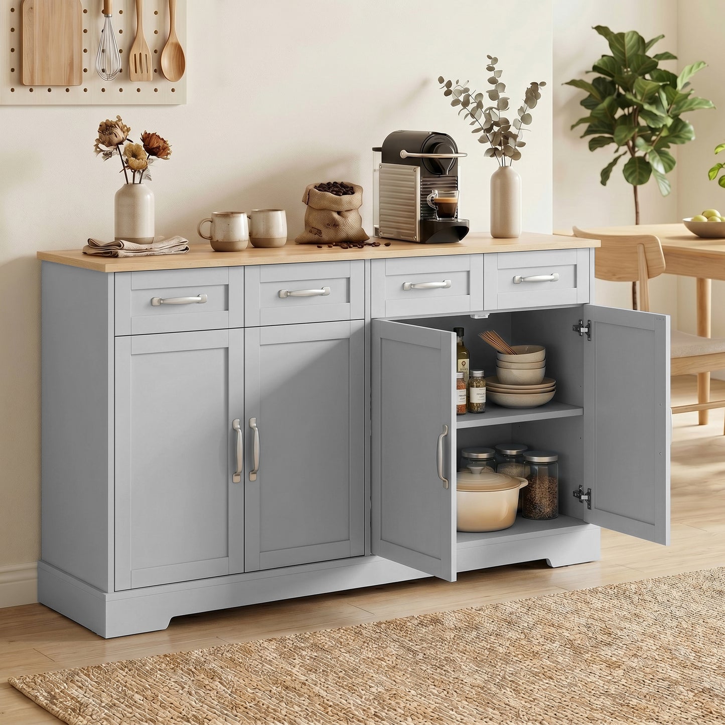 Sideboard with 4 Drawers, 4 Doors and 2 Adjustable Shelves, Grey