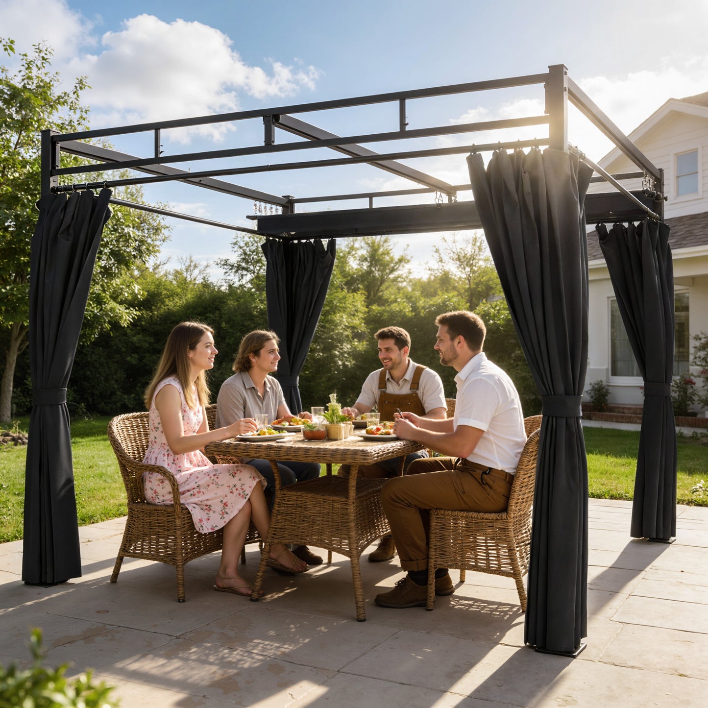3 x 3 m Garden Pergola with Retractable Canopy, Curtains, Dark Grey