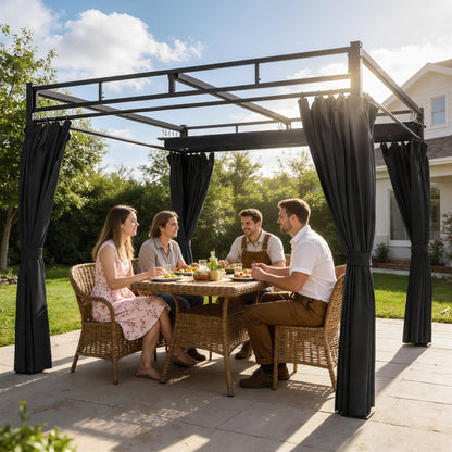 3 x 3 m Garden Pergola with Retractable Canopy, Curtains, Dark Grey