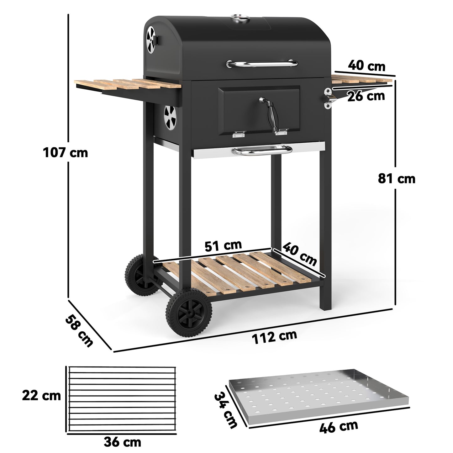 Charcoal BBQ Grill with Warming Rack 3 Shelves Temperature Gauge