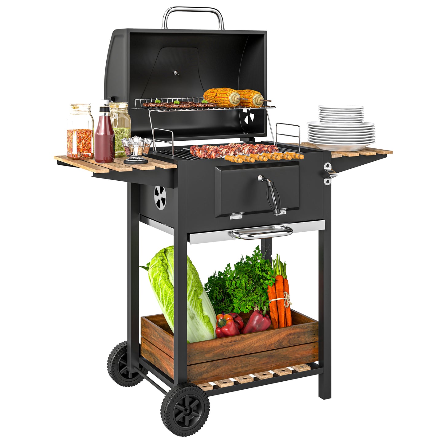 Charcoal BBQ Grill with Warming Rack 3 Shelves Temperature Gauge