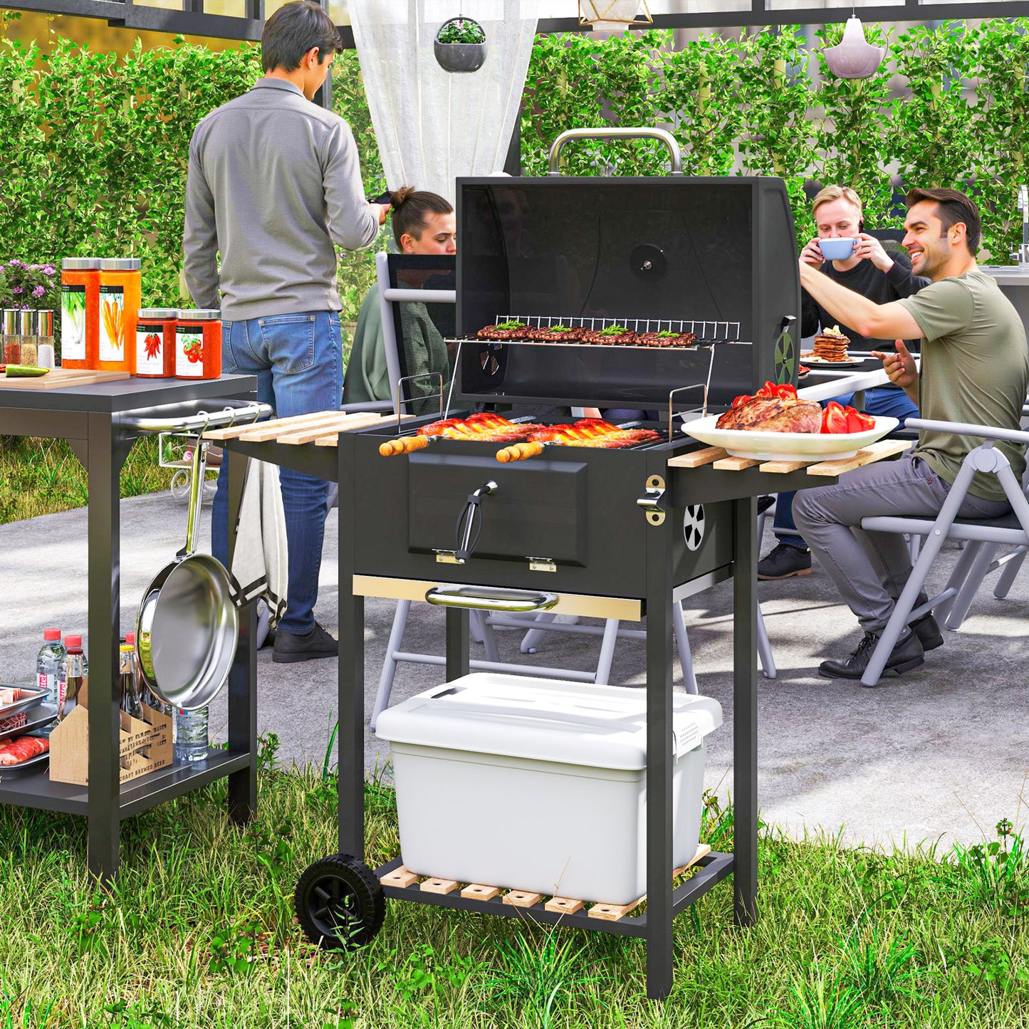 Charcoal BBQ Grill with Warming Rack 3 Shelves Temperature Gauge