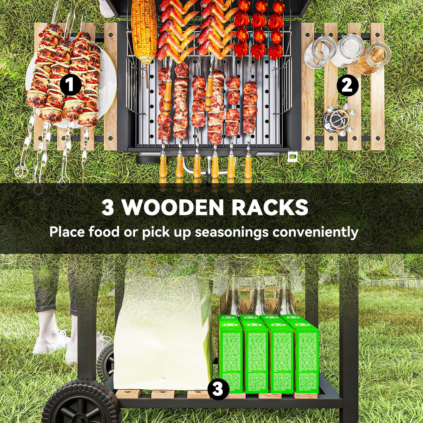 Charcoal BBQ Grill with Warming Rack 3 Shelves Temperature Gauge