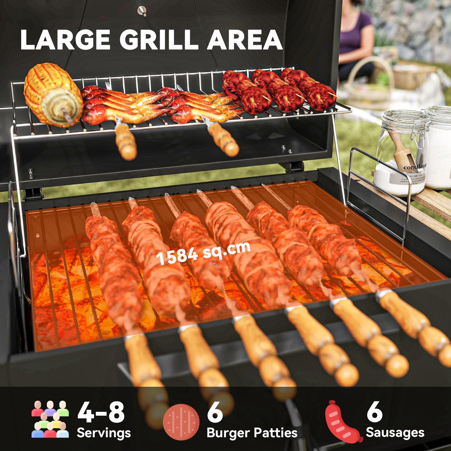 Charcoal BBQ Grill with Warming Rack 3 Shelves Temperature Gauge