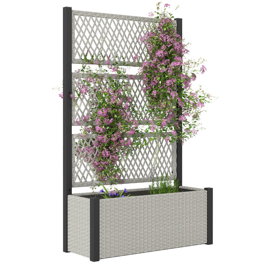 Garden Planter Box with Trellis, Rattan Raised Bed, Mixed-grey