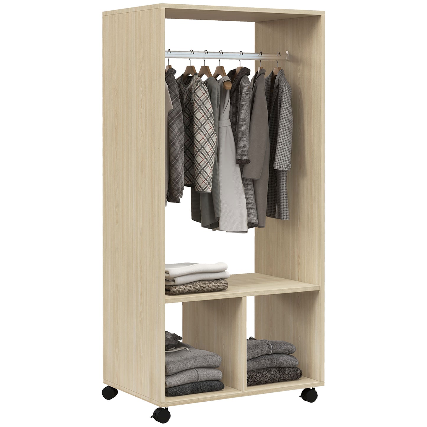 Open Wardrobe on Wheels, Bedroom Wardrobe with Clothes Hanging Rail, 2 Storage Shelves, Mobile Garment Rack for Cloakroom, Hallway, Natural