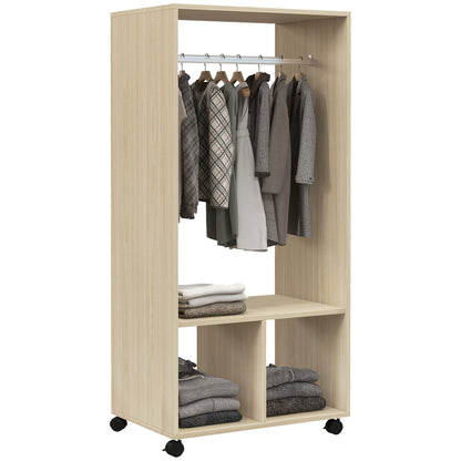 Open Wardrobe on Wheels, Bedroom Wardrobe with Clothes Hanging Rail, 2 Storage Shelves, Mobile Garment Rack for Cloakroom, Hallway, Natural