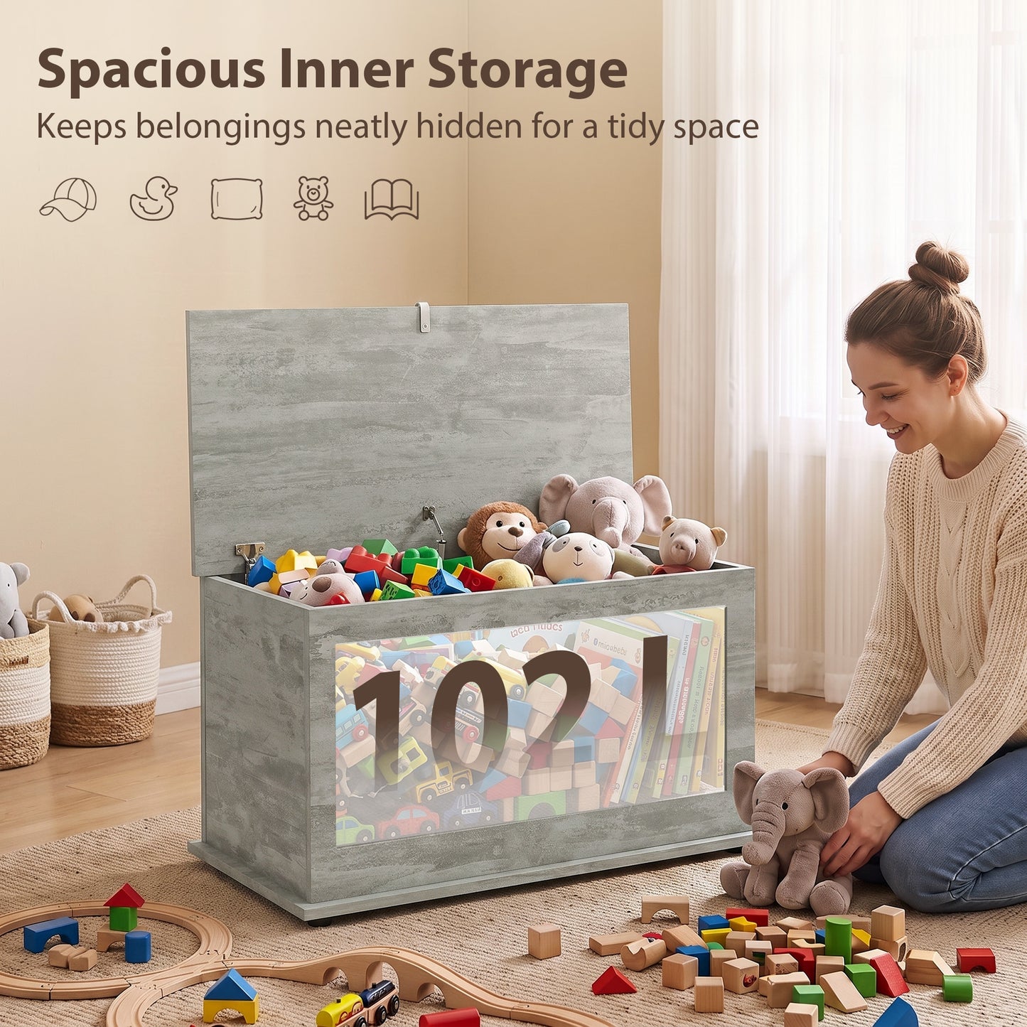 Storage Chest with Safety Hinged Lid, 102L Storage Box, Grey
