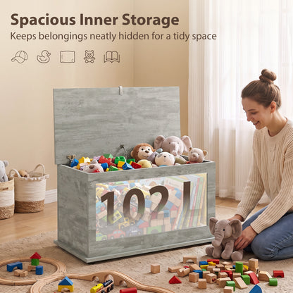 Storage Chest with Safety Hinged Lid, 102L Storage Box, Grey