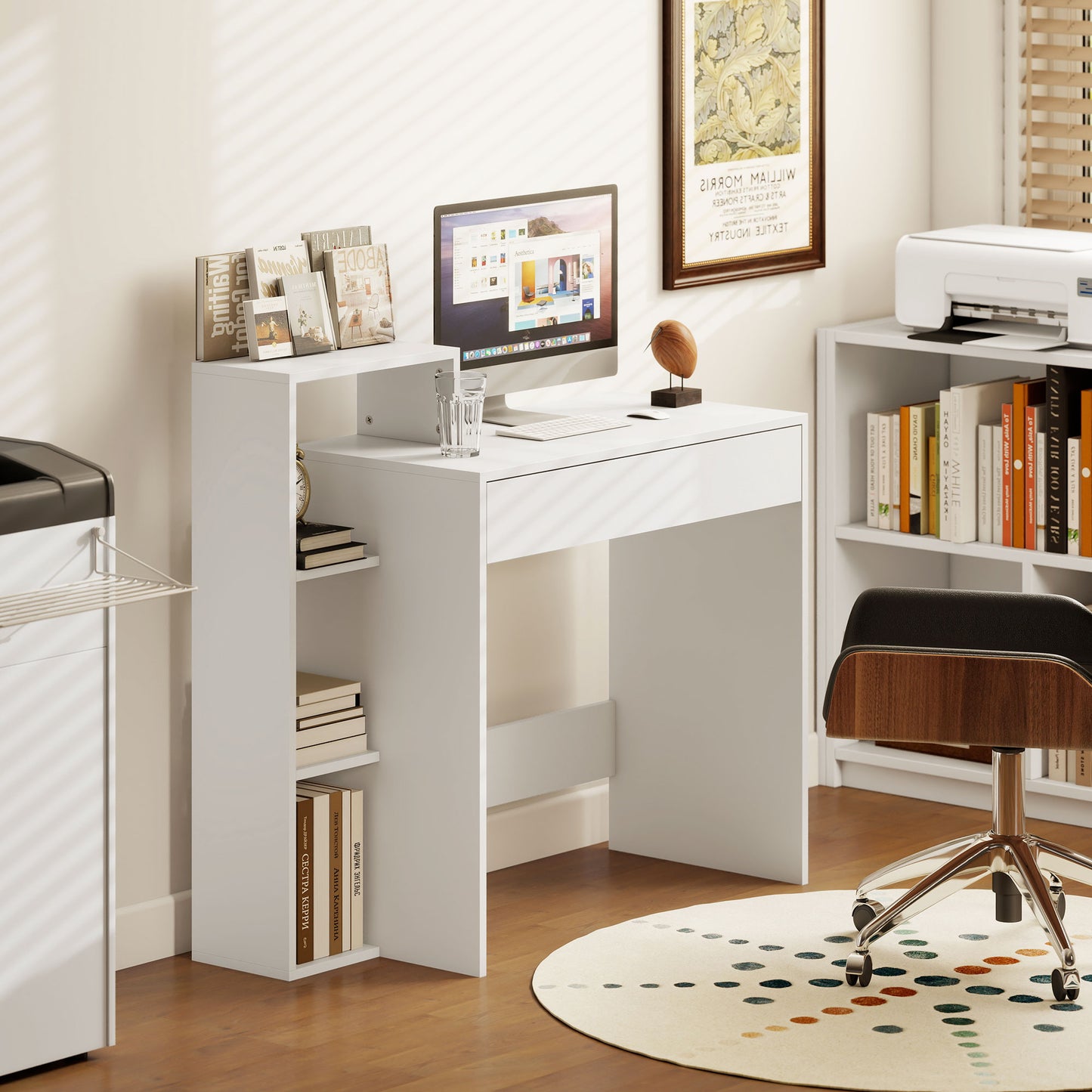 Computer Desk with 3 Open Shelves and Drawer, White