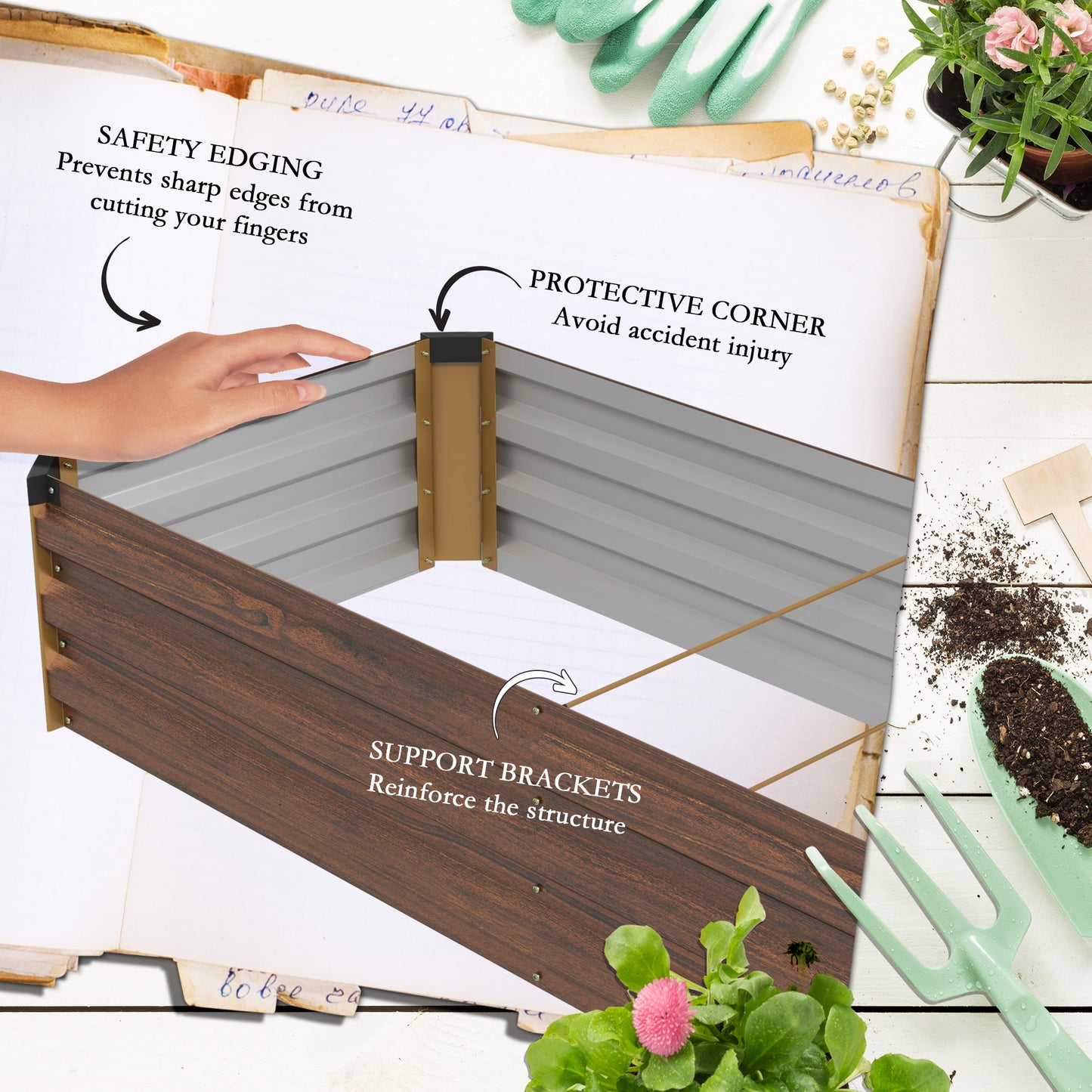 Galvanised Raised Bed for Garden, Rectangular Outdoor Elevated Planter Box with Safety Edging and Open Bottom for Growing Flowers, Herbs and Vegetables, 240 x 60 cm, Dark Brown