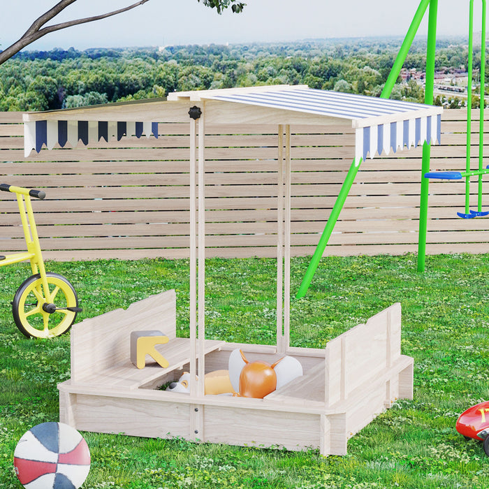 Children Cabana Sandbox Kids Square Wooden Sandpit Outdoor Backyard Playset Play Station Adjustable Canopy, 106x106x121cm