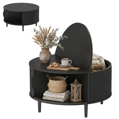 Round Coffee Table with Storage, 80 cm Modern Centre Table with Fluted Sliding Cabinet Door and Lift Top, Wood Circle Drum Table for Living Room, Black Wood Effect