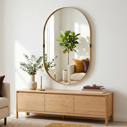 Wall Mirror with Elevated Aluminium Alloy Frame, 60 x 90 cm Bathroom Mirror with Tempered Glass for Living Room, Bedroom, Hallway, Gold Tone
