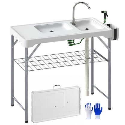Folding Fish Cleaning Table Camping Sink Table with Faucet, White