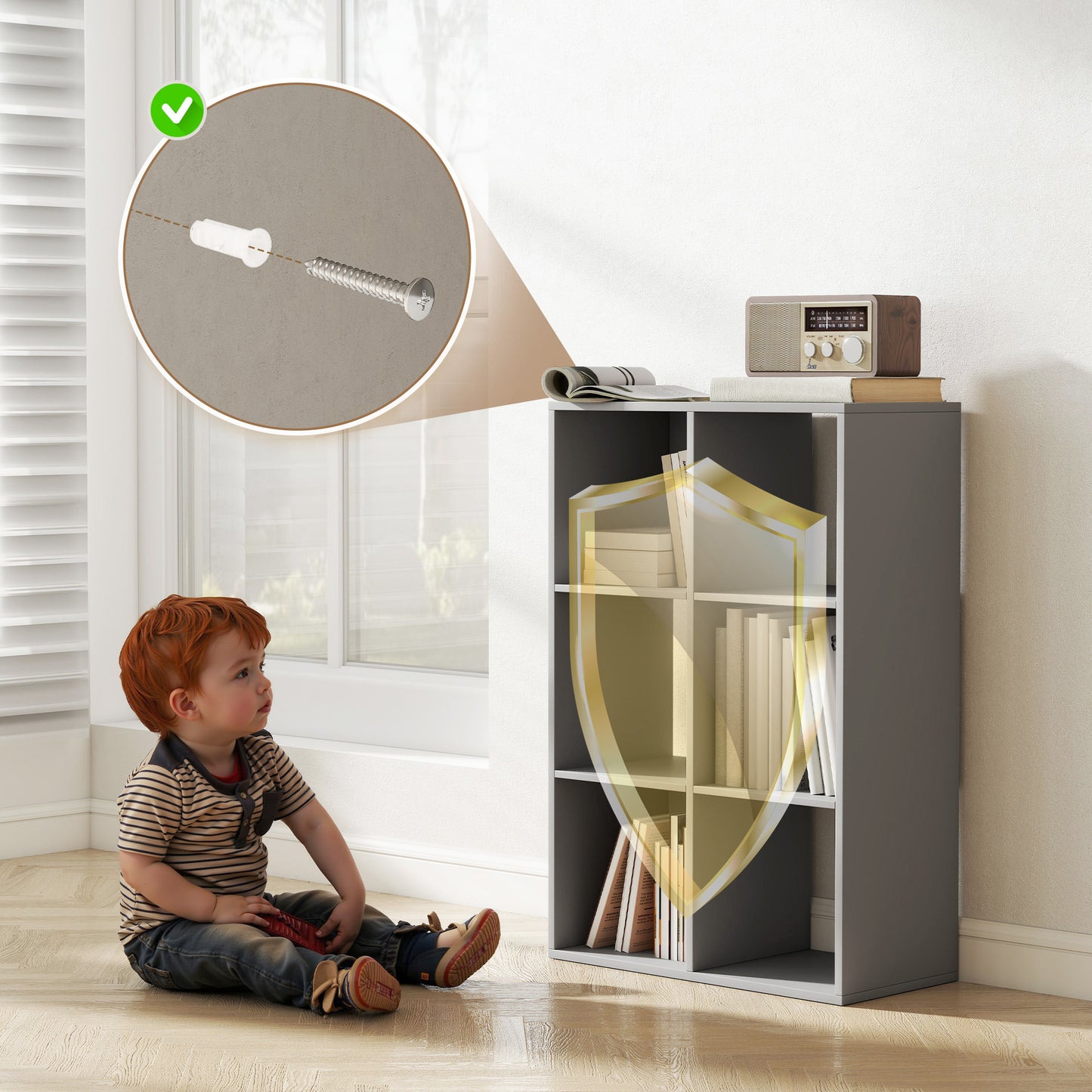 6-Cube Bookshelf, Display Shelving Unit for Home Office, Light Grey