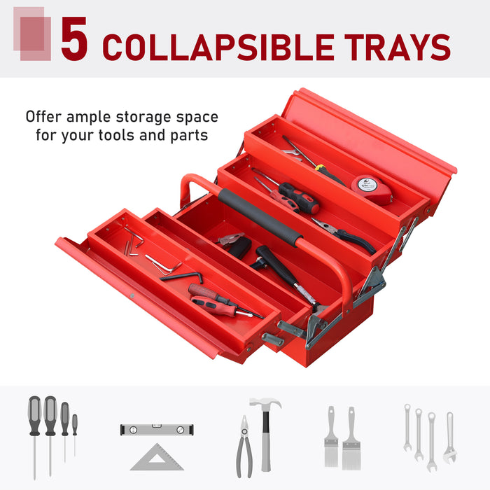 DURHAND Metal Tool Box 3 Tier 5 Tray Professional Portable Storage Cabinet Workshop Cantilever Toolbox with Carry Handle, 45cmx22.5cmx34.5cm, Red