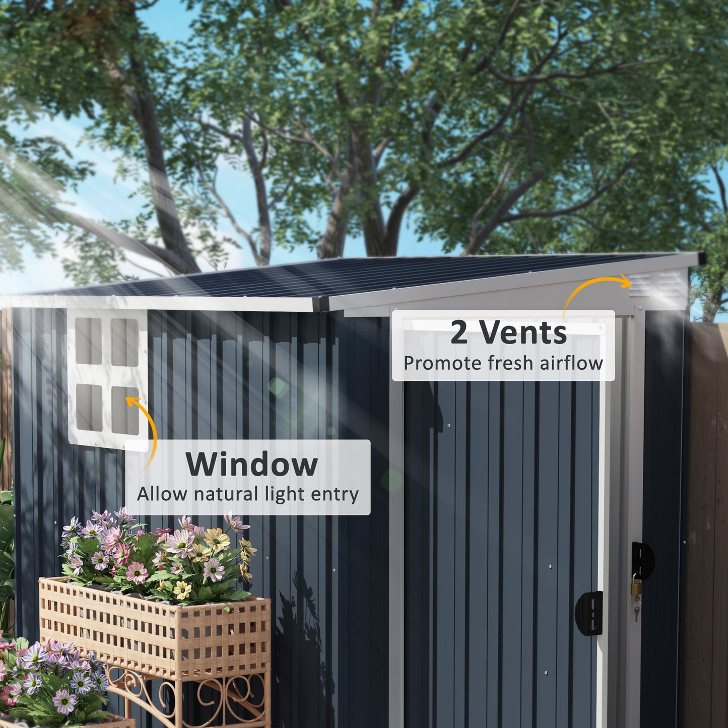 4 x 6ft Outdoor Garden Storage Shed, Metal Shed with Window, 2 Vents and Lockable Door for Garden, Patio, Dark Grey