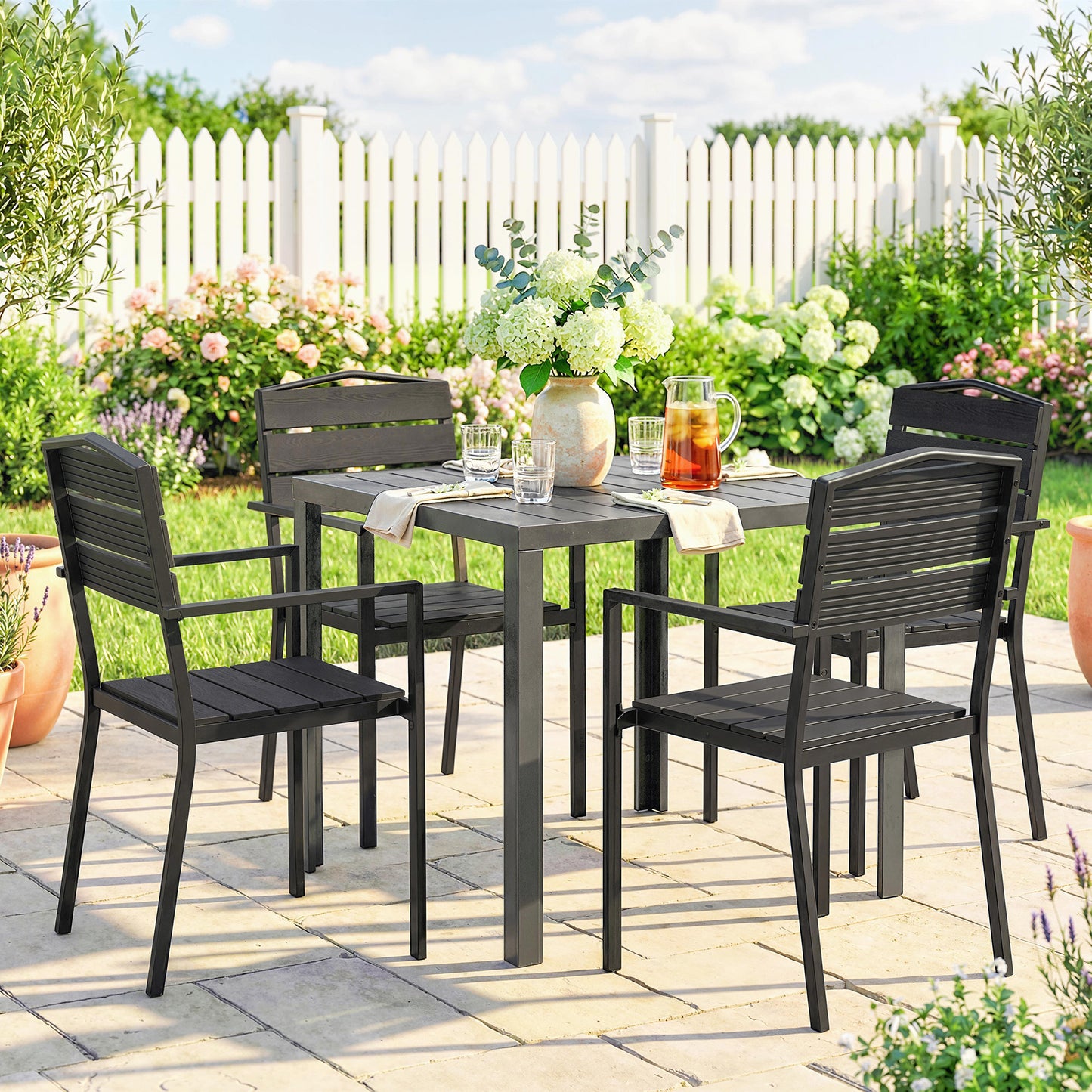 Garden Chairs Set of 4, Garden Dining Chairs, HDPE Seat, Black