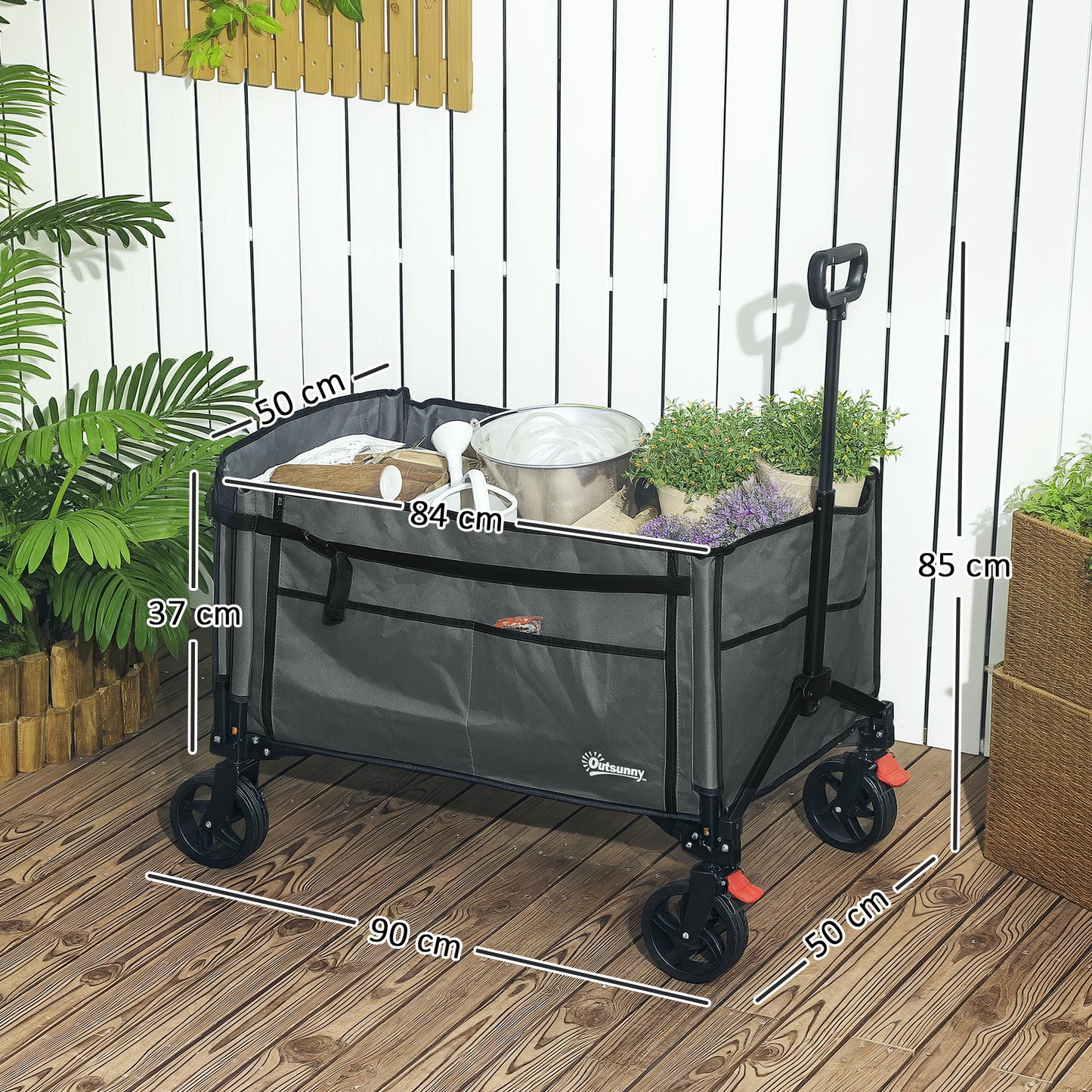 Folding Trolley on Wheels, Garden Cart with Openable Sides, Grey