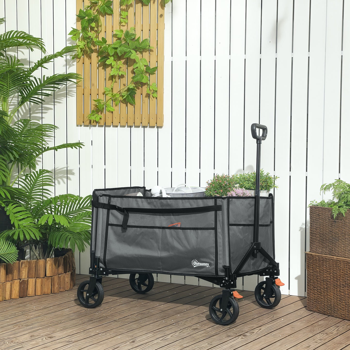 Folding Trolley on Wheels, Garden Cart with Openable Sides, Grey