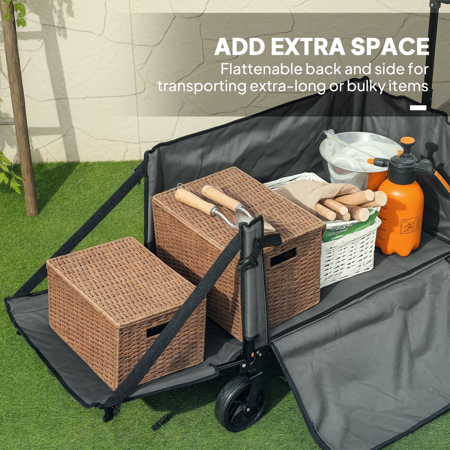 Folding Trolley on Wheels, Garden Cart with Openable Sides, Grey