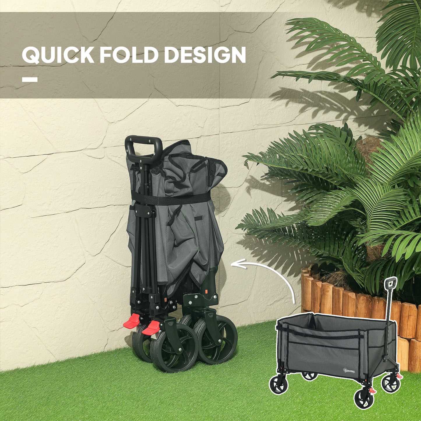 Folding Trolley on Wheels, Garden Cart with Openable Sides, Grey