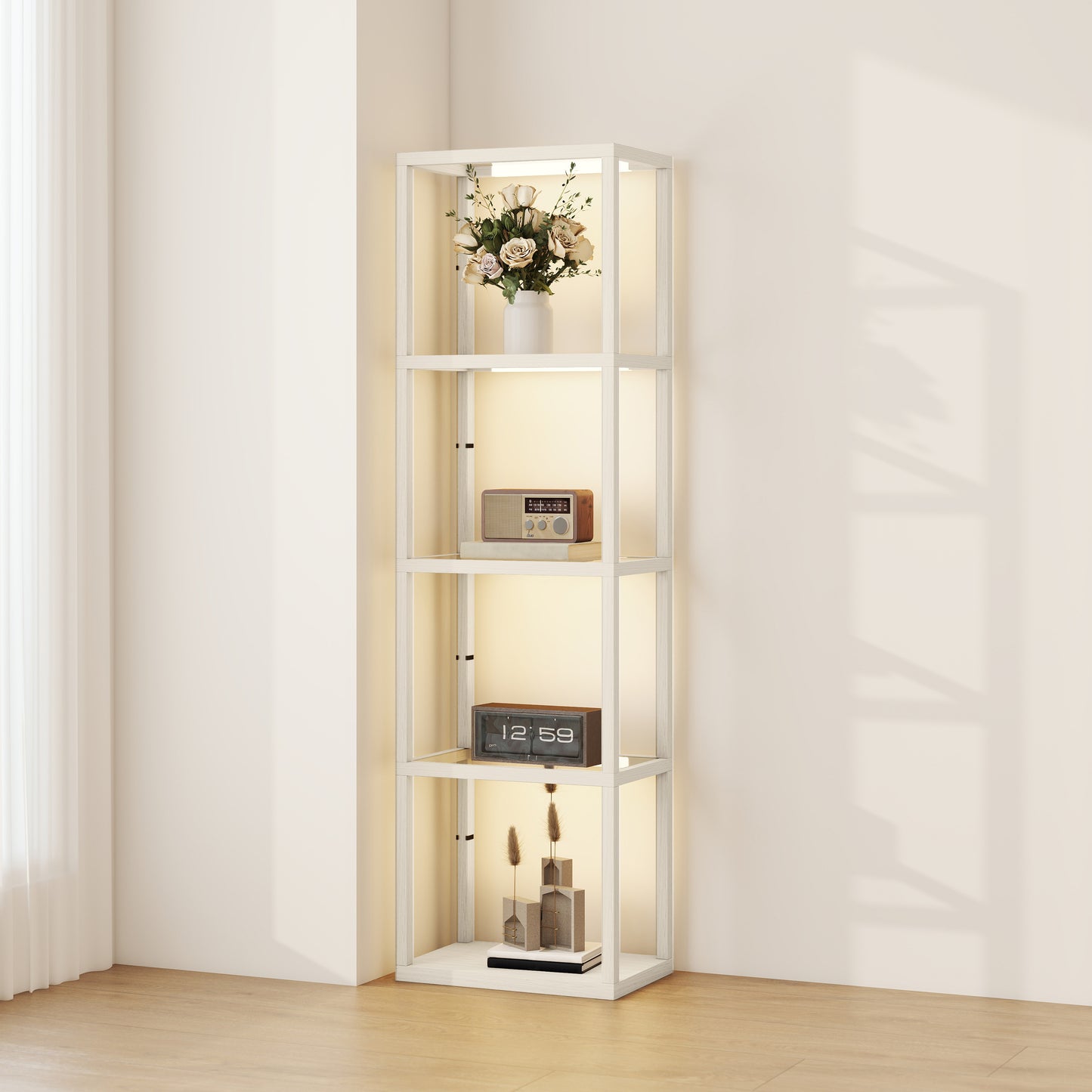 LED Floor Lamp with Glass Shelves, Dimmable Room Lamp, Oak