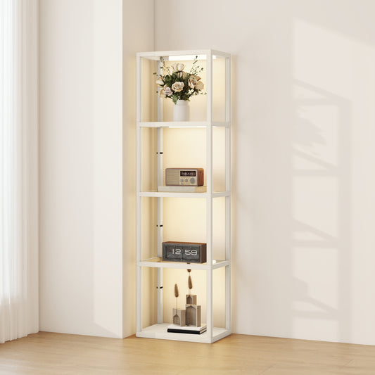 LED Floor Lamp with Glass Shelves, Dimmable Room Lamp, Oak