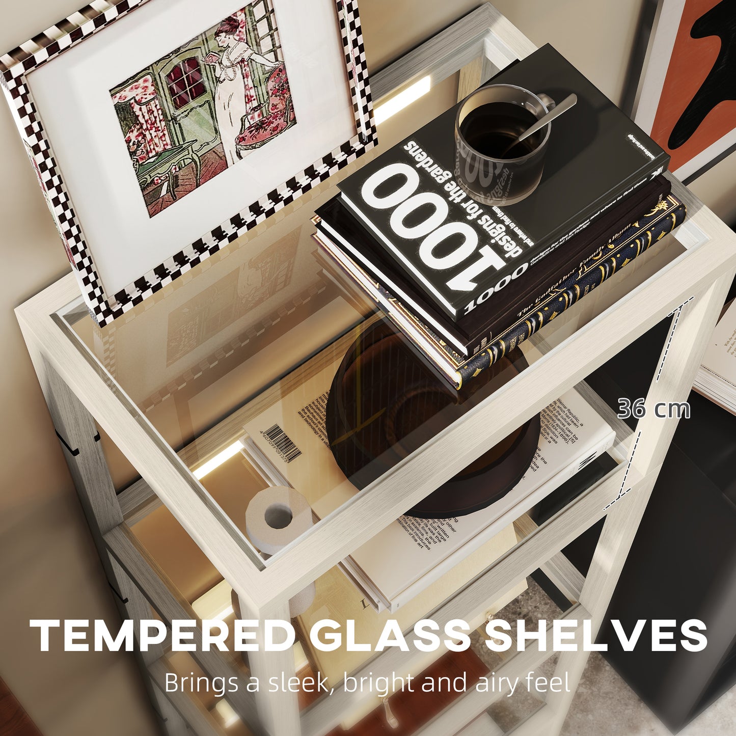 LED Floor Lamp with Glass Shelves, Dimmable Room Lamp, Oak