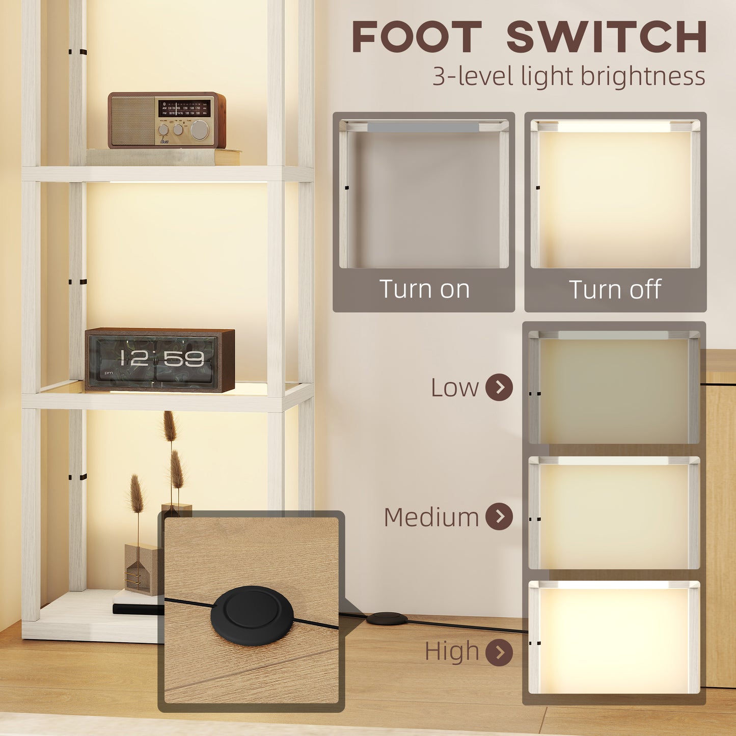 LED Floor Lamp with Glass Shelves, Dimmable Room Lamp, Oak