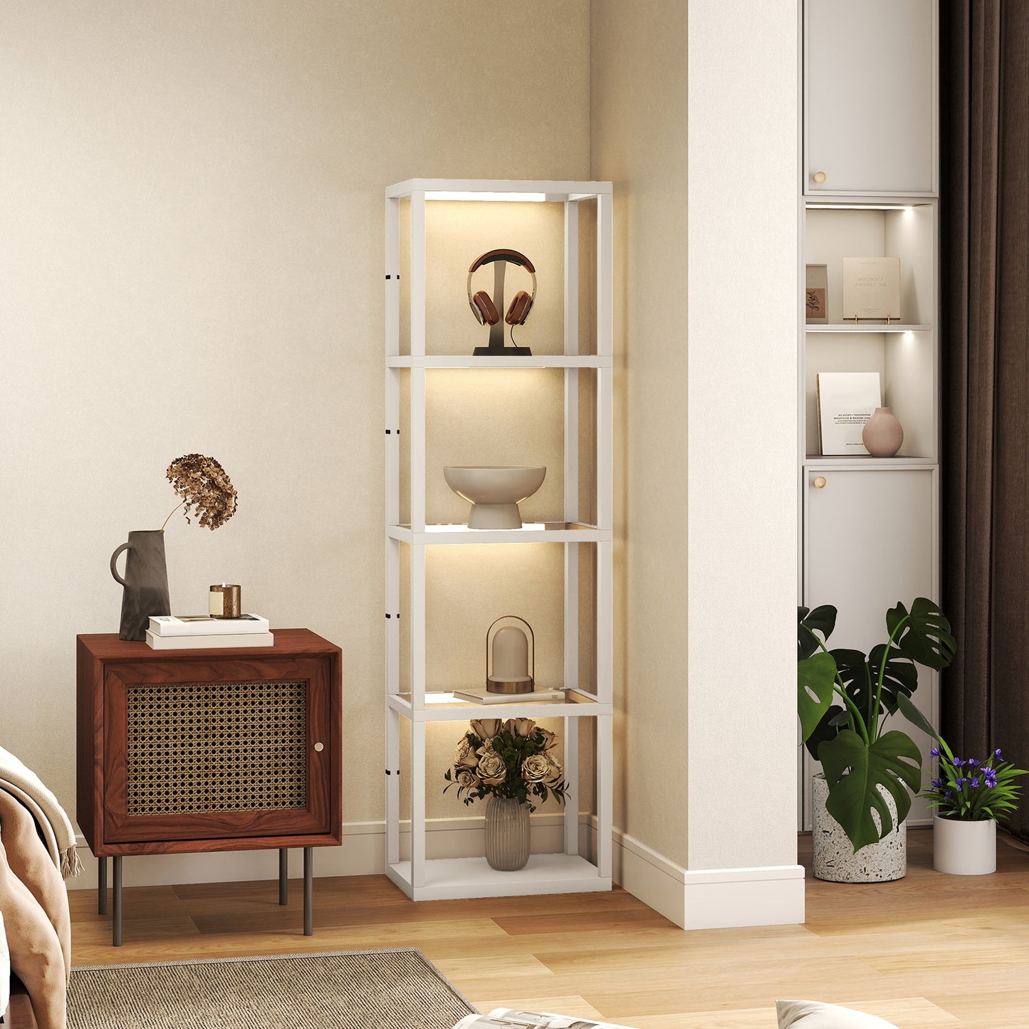 LED Floor Lamp with Glass Shelves, Dimmable Room Lamp, Oak