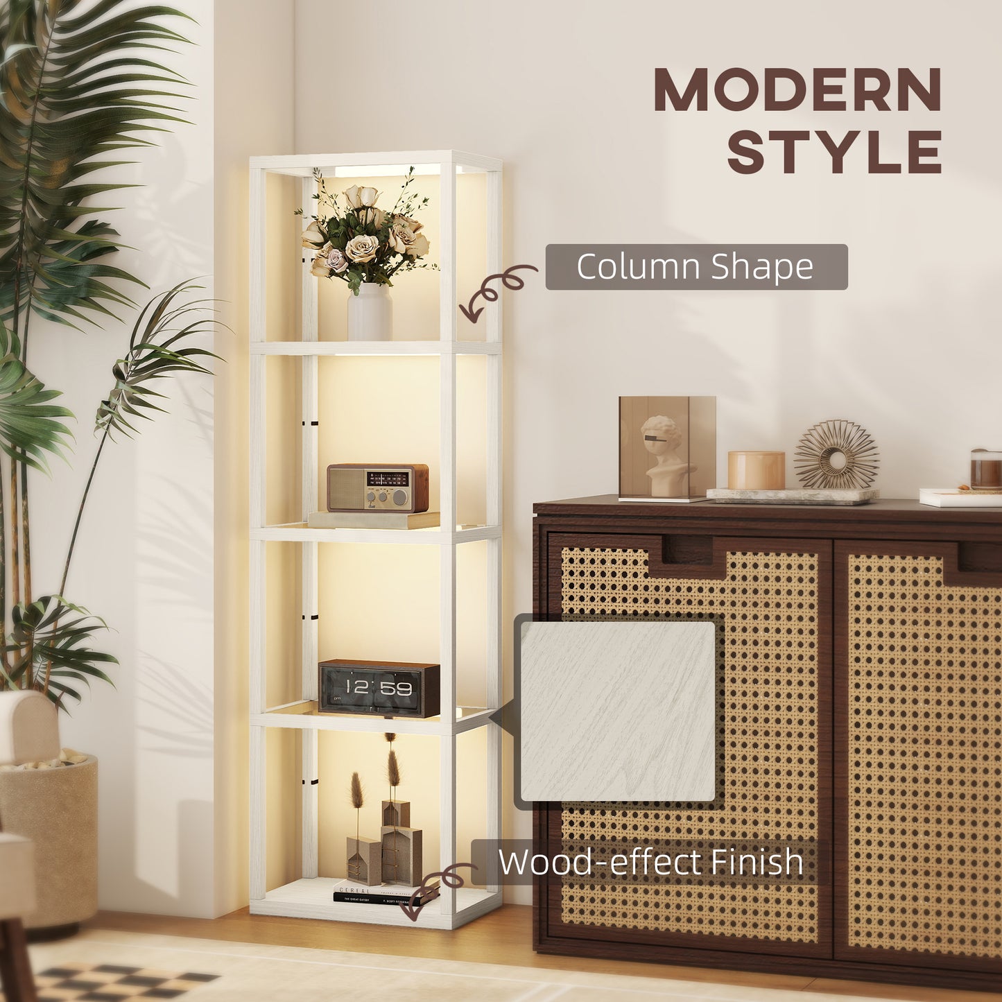 LED Floor Lamp with Glass Shelves, Dimmable Room Lamp, Oak