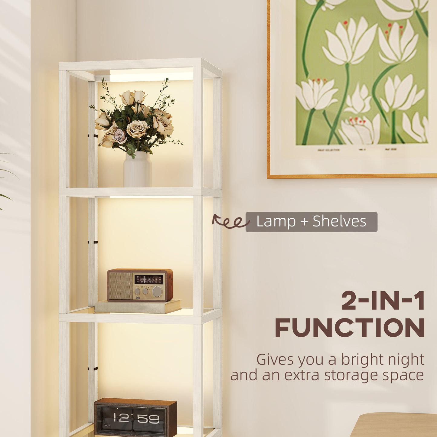 LED Floor Lamp with Glass Shelves, Dimmable Room Lamp, Oak